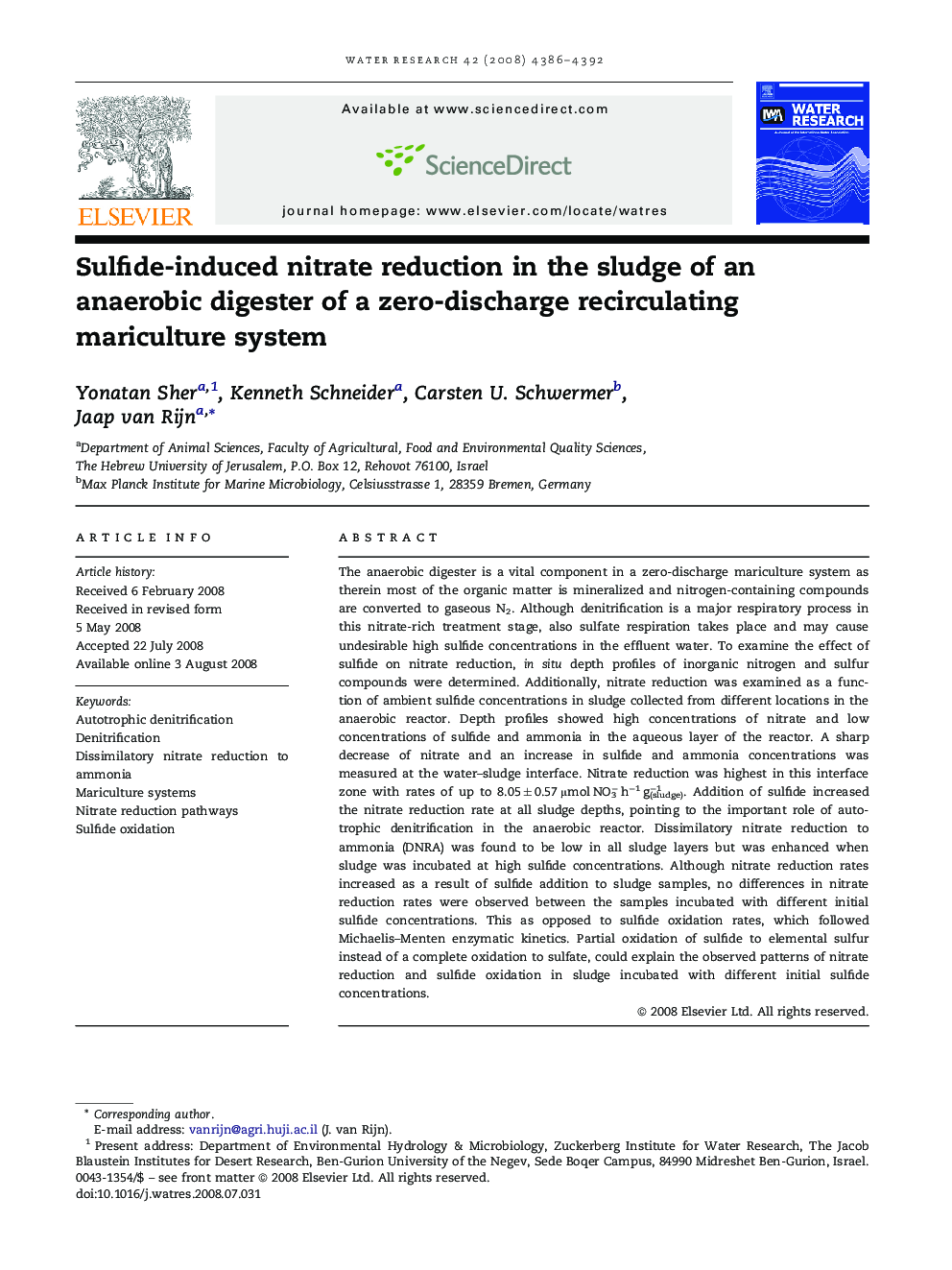 Sulfide-induced nitrate reduction in the sludge of an anaerobic digester of a zero-discharge recirculating mariculture system