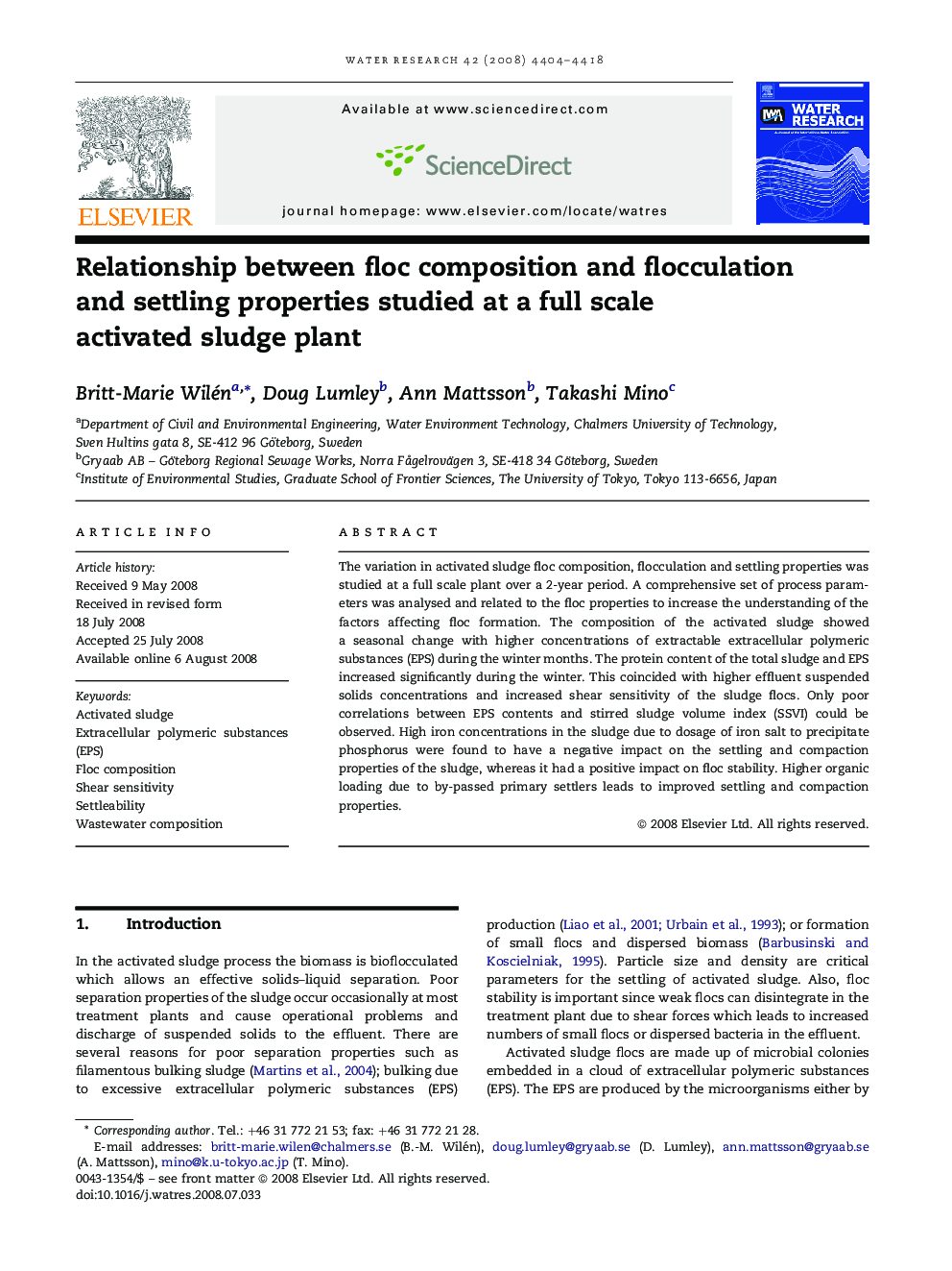 Relationship between floc composition and flocculation and settling properties studied at a full scale activated sludge plant