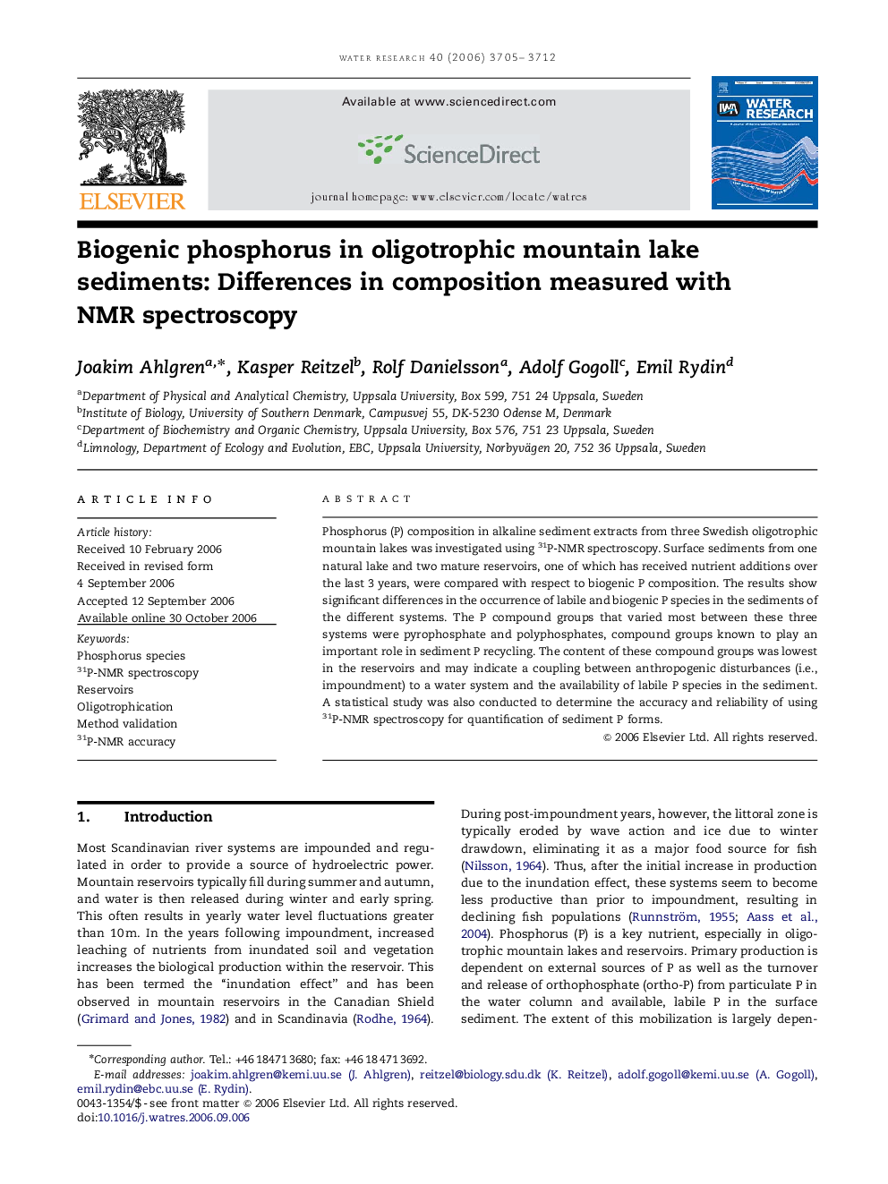 Biogenic phosphorus in oligotrophic mountain lake sediments: Differences in composition measured with NMR spectroscopy