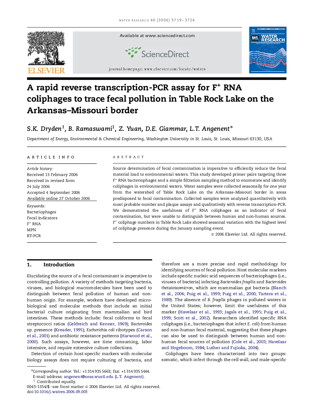 A rapid reverse transcription-PCR assay for F+ RNA coliphages to trace fecal pollution in Table Rock Lake on the Arkansas–Missouri border