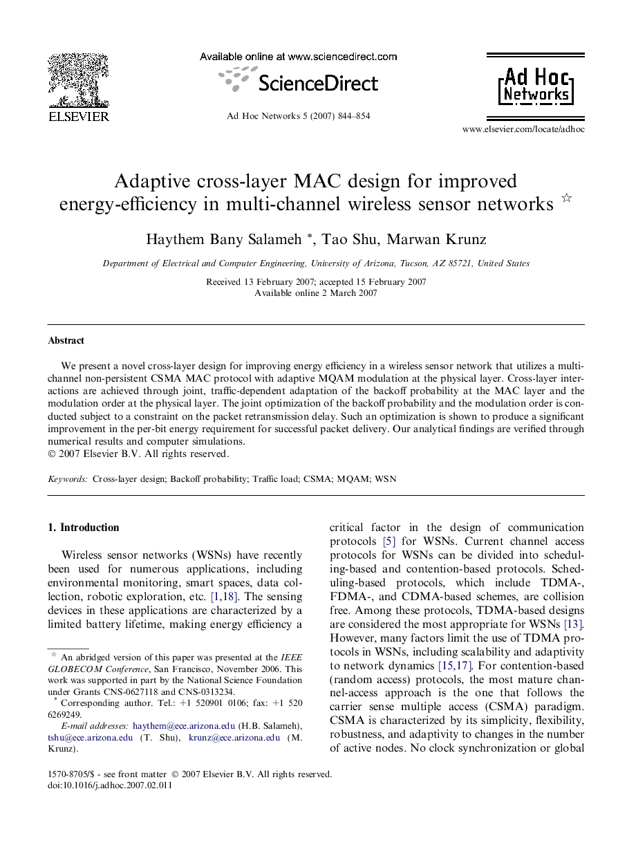 Adaptive cross-layer MAC design for improved energy-efficiency in multi-channel wireless sensor networks 