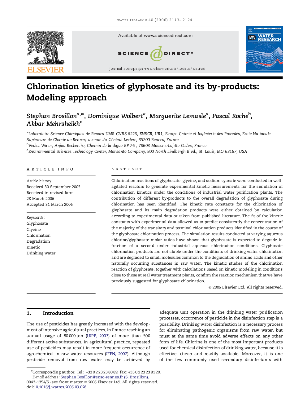 Chlorination kinetics of glyphosate and its by-products: Modeling approach