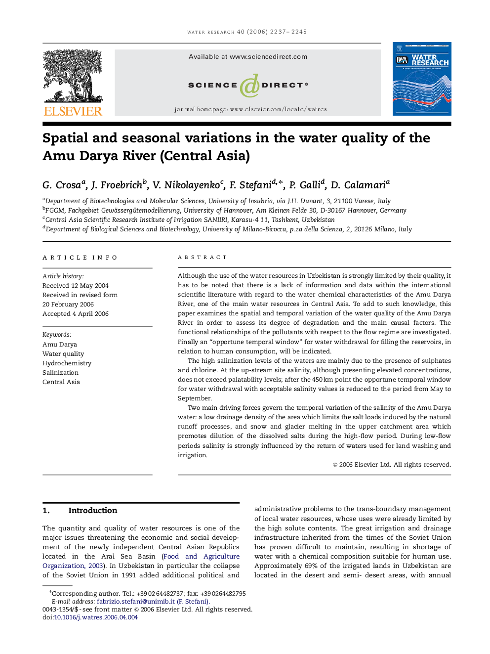 Spatial and seasonal variations in the water quality of the Amu Darya River (Central Asia)