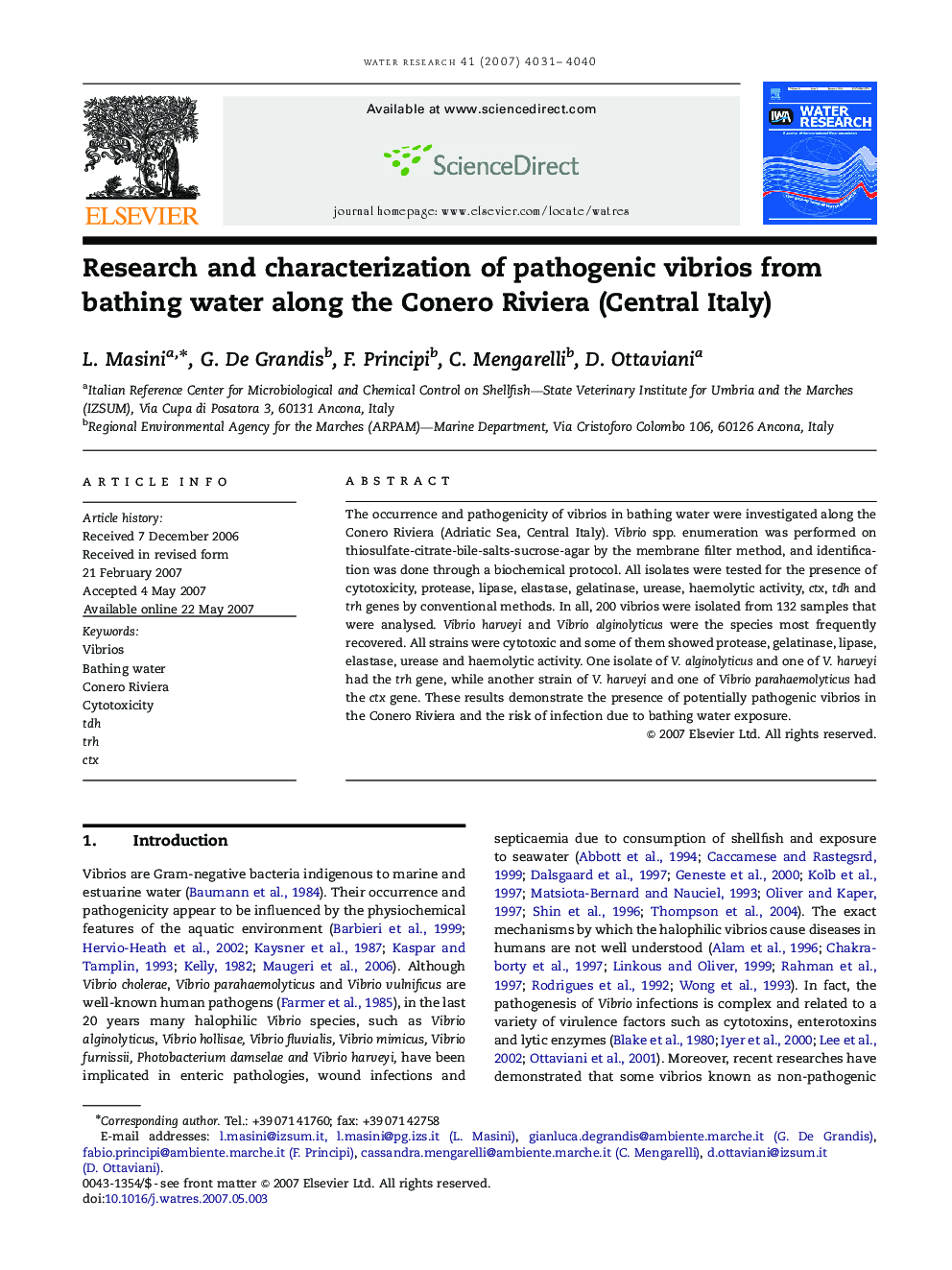 Research and characterization of pathogenic vibrios from bathing water along the Conero Riviera (Central Italy)