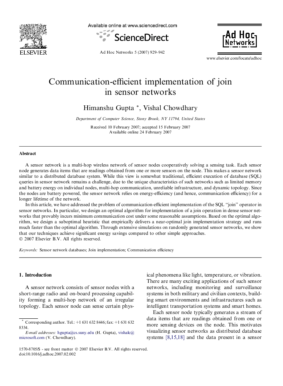 Communication-efficient implementation of join in sensor networks