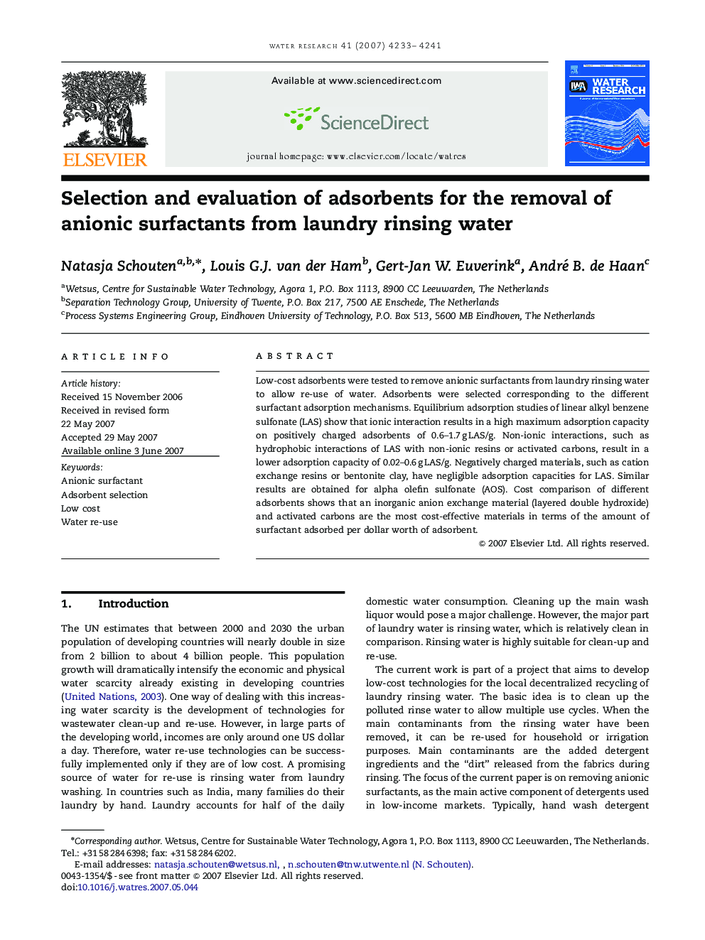 Selection and evaluation of adsorbents for the removal of anionic surfactants from laundry rinsing water