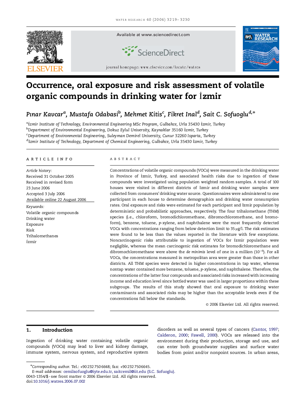 Occurrence, oral exposure and risk assessment of volatile organic compounds in drinking water for İzmir