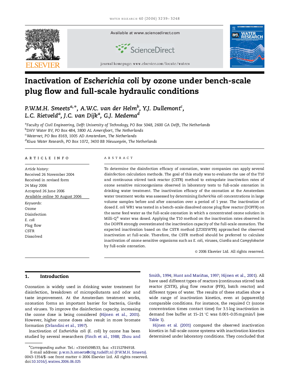 Inactivation of Escherichia coli by ozone under bench-scale plug flow and full-scale hydraulic conditions