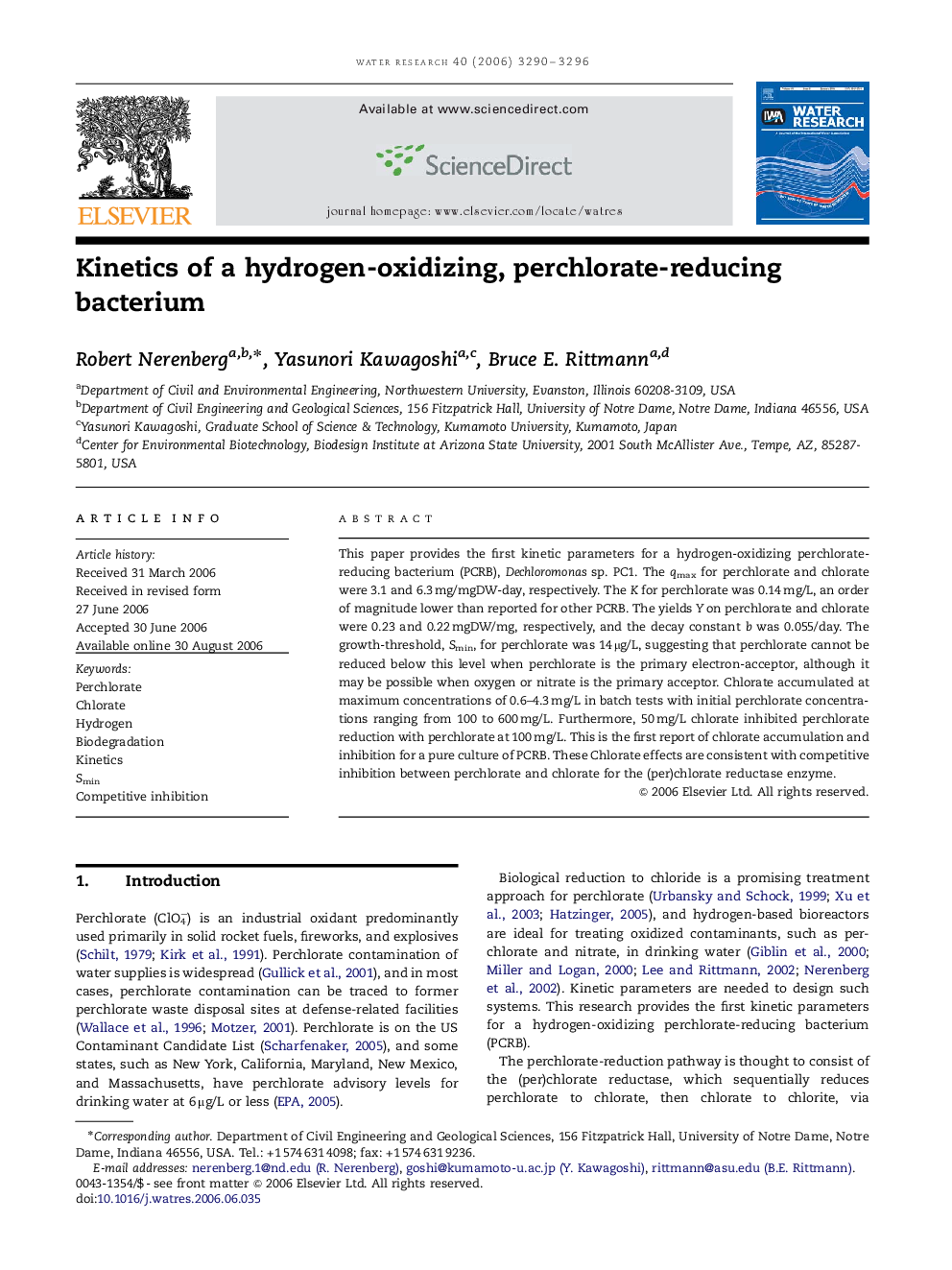 Kinetics of a hydrogen-oxidizing, perchlorate-reducing bacterium