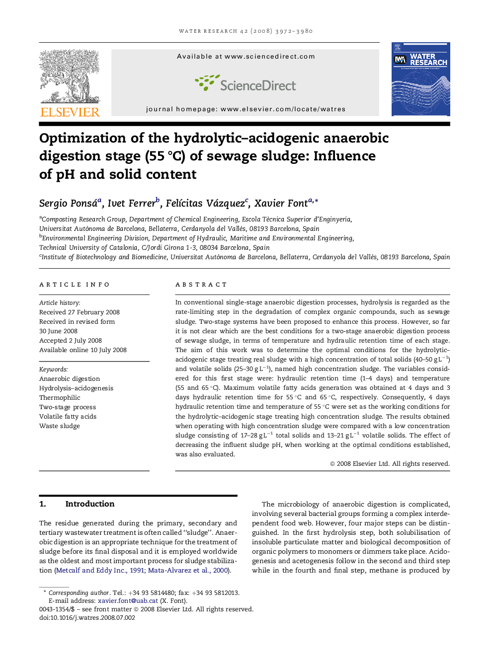 Optimization of the hydrolytic–acidogenic anaerobic digestion stage (55 °C) of sewage sludge: Influence of pH and solid content