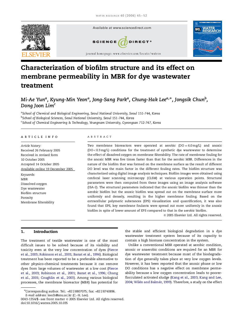 Characterization of biofilm structure and its effect on membrane permeability in MBR for dye wastewater treatment