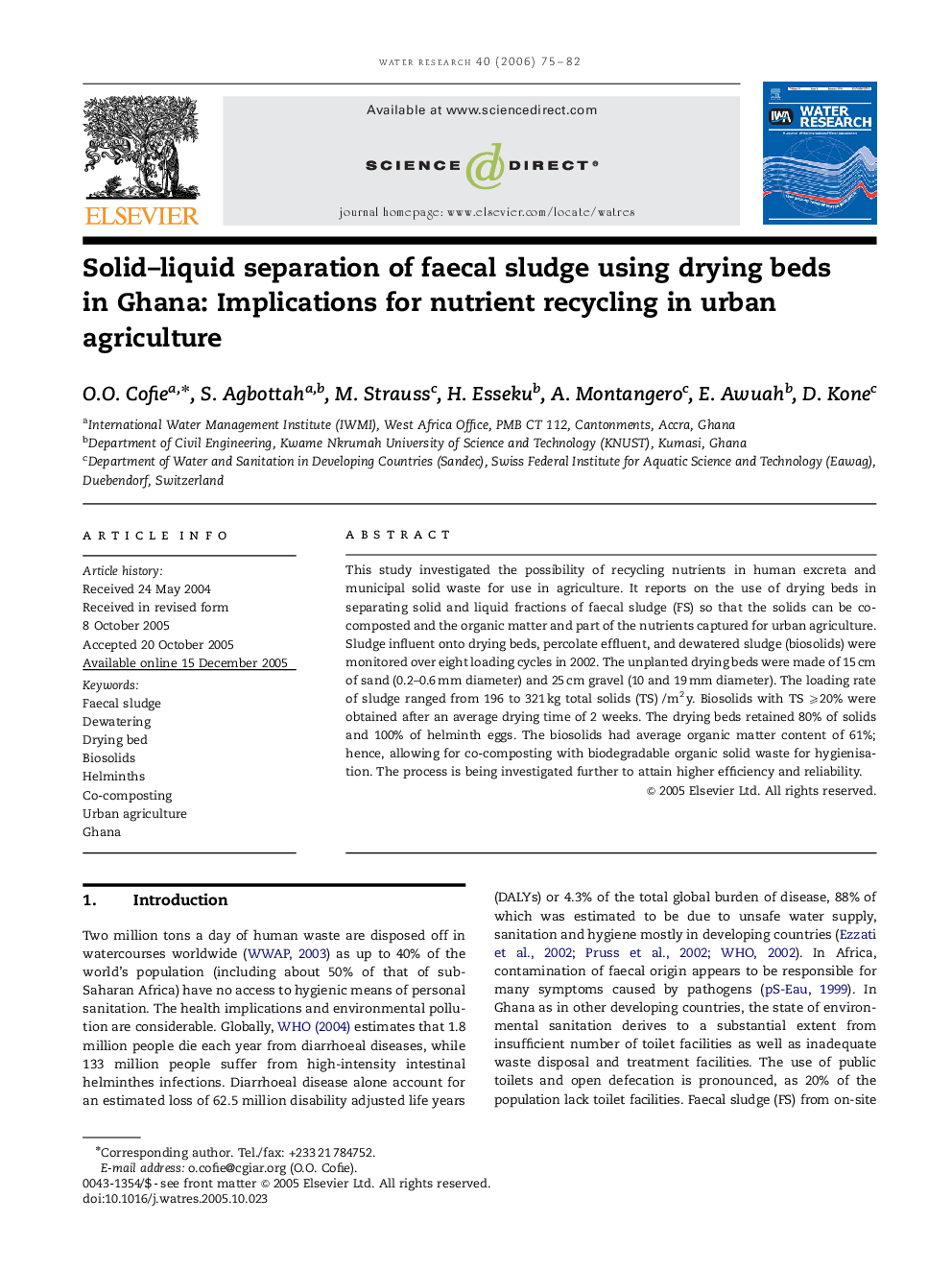 Solid–liquid separation of faecal sludge using drying beds in Ghana: Implications for nutrient recycling in urban agriculture