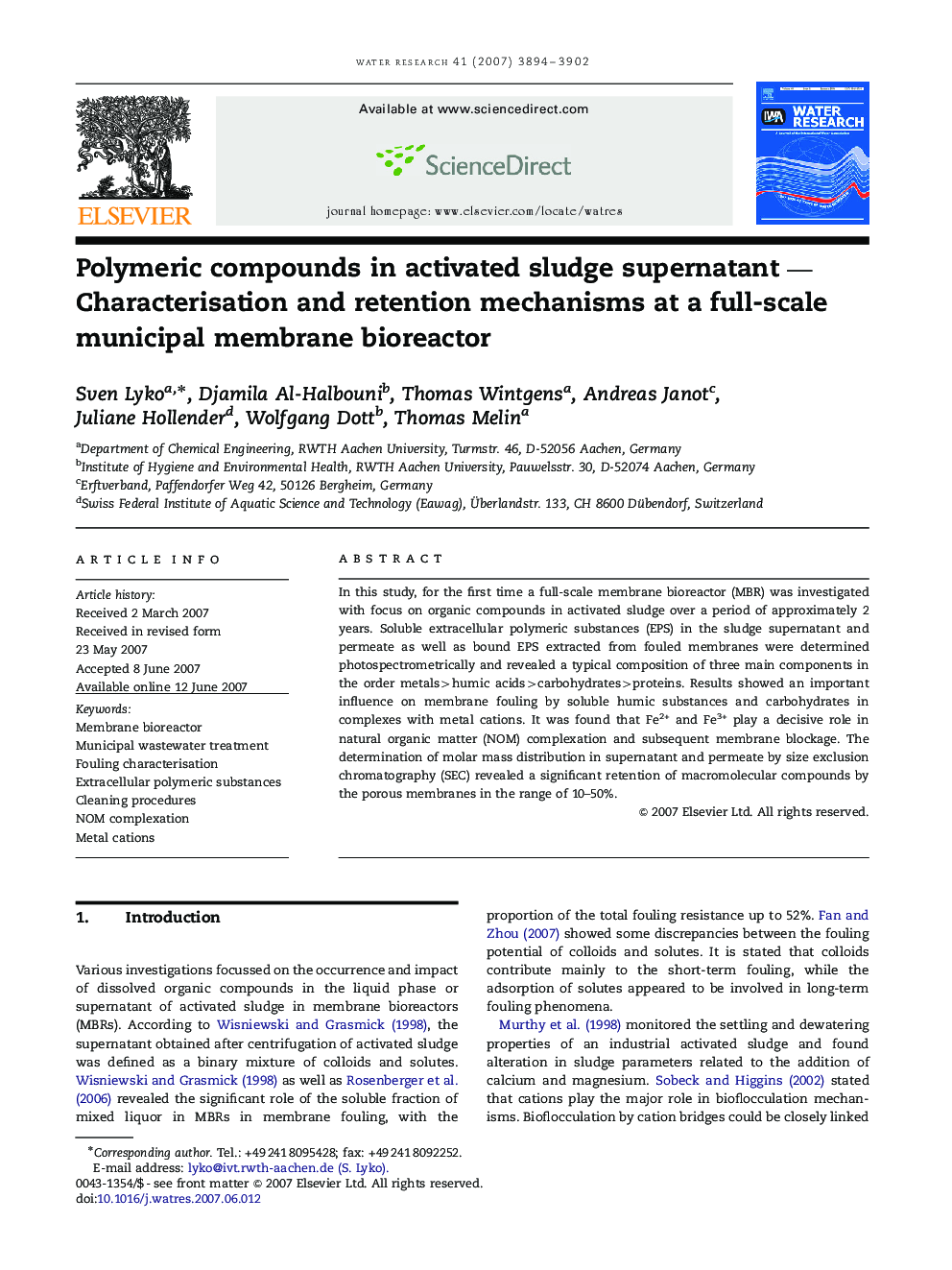 Polymeric compounds in activated sludge supernatant — Characterisation and retention mechanisms at a full-scale municipal membrane bioreactor