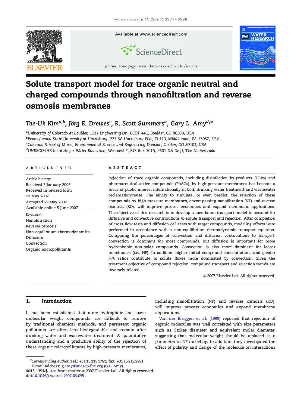 Solute transport model for trace organic neutral and charged compounds through nanofiltration and reverse osmosis membranes