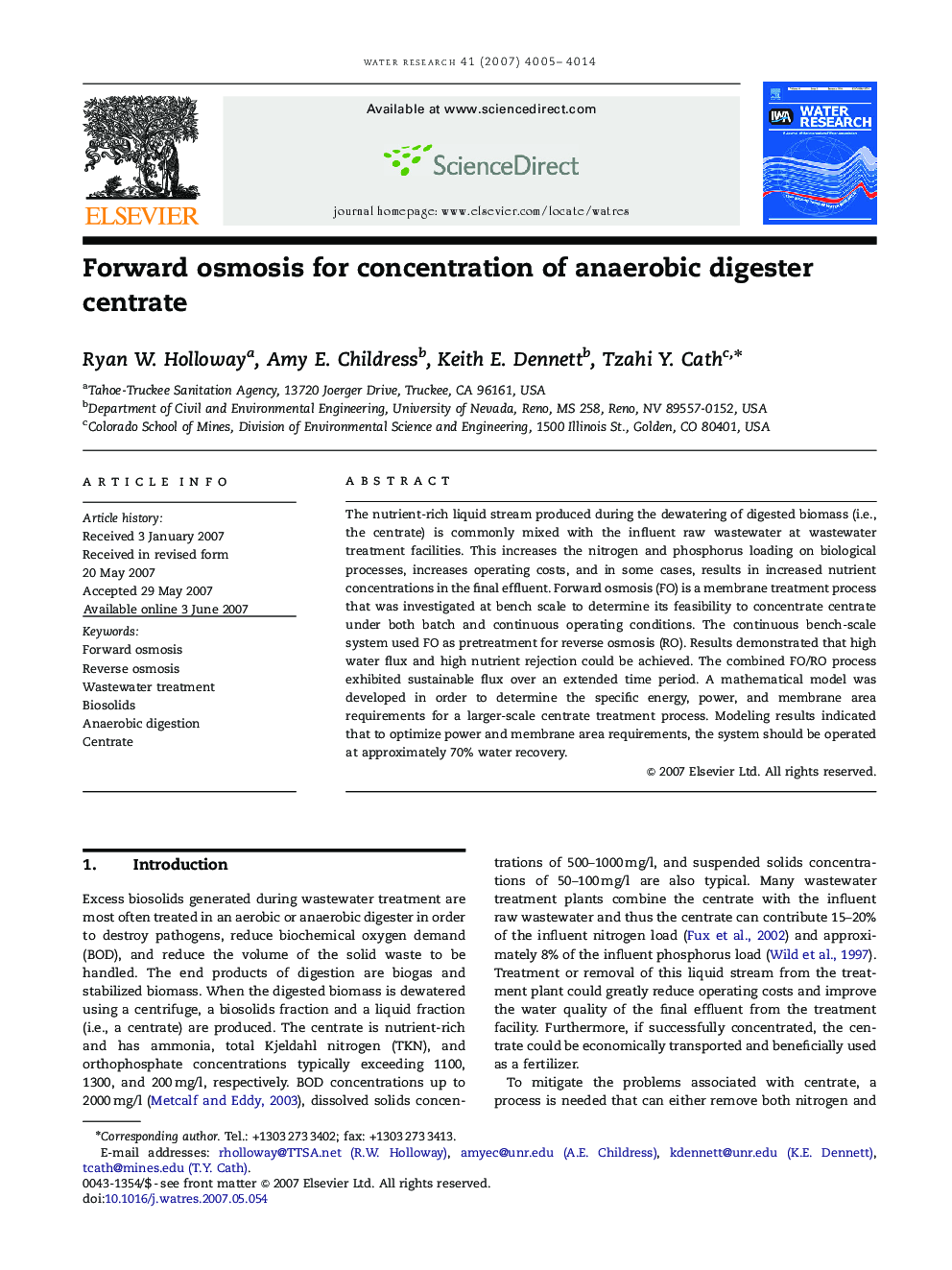 Forward osmosis for concentration of anaerobic digester centrate