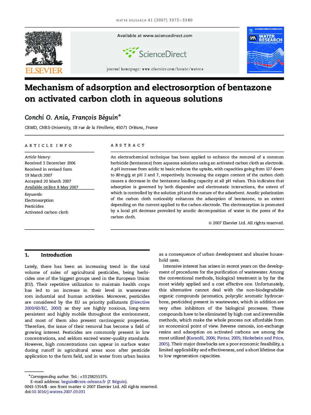 Mechanism of adsorption and electrosorption of bentazone on activated carbon cloth in aqueous solutions