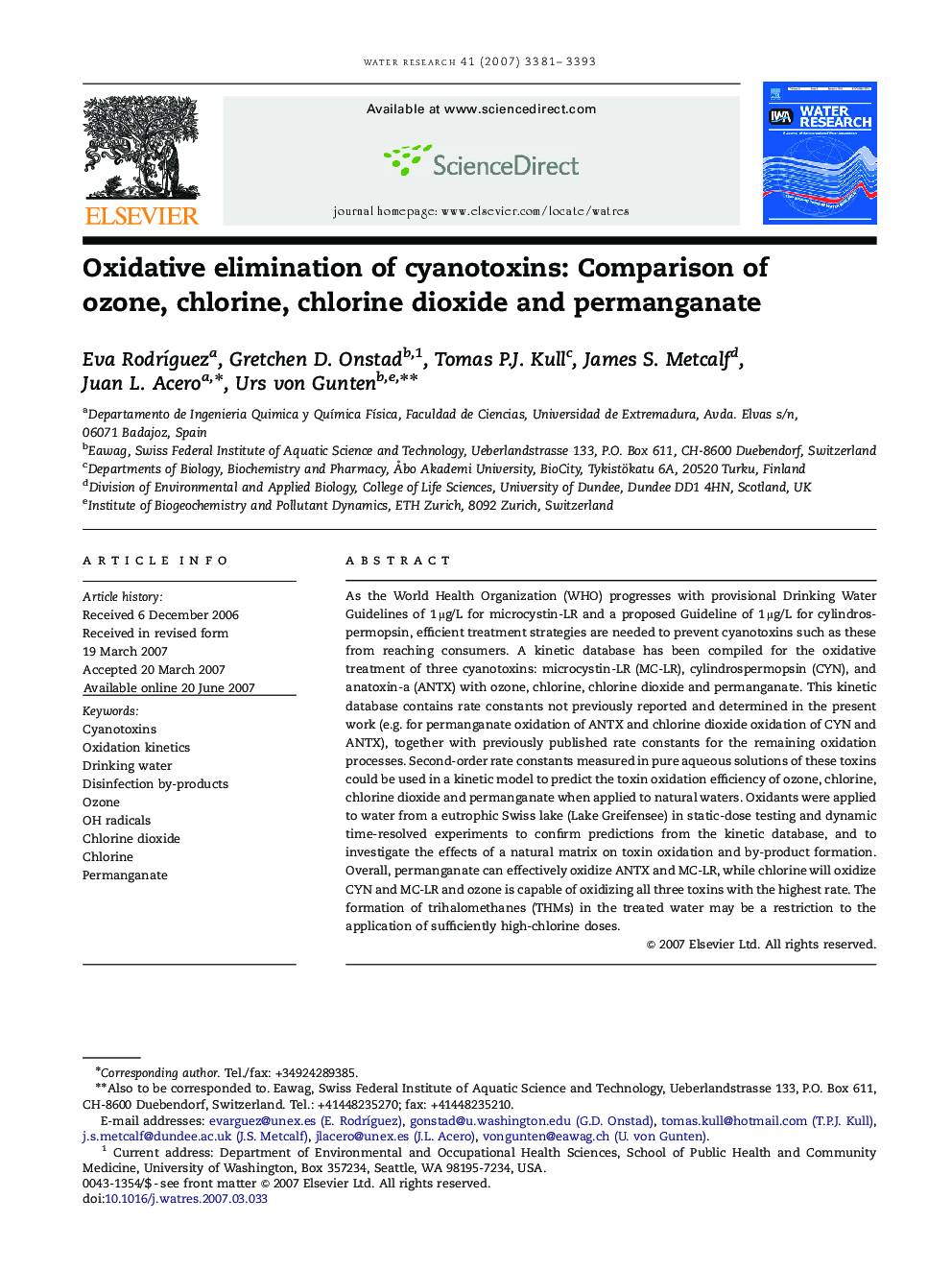 Oxidative elimination of cyanotoxins: Comparison of ozone, chlorine, chlorine dioxide and permanganate