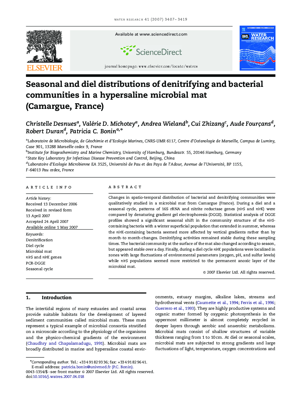 Seasonal and diel distributions of denitrifying and bacterial communities in a hypersaline microbial mat (Camargue, France)