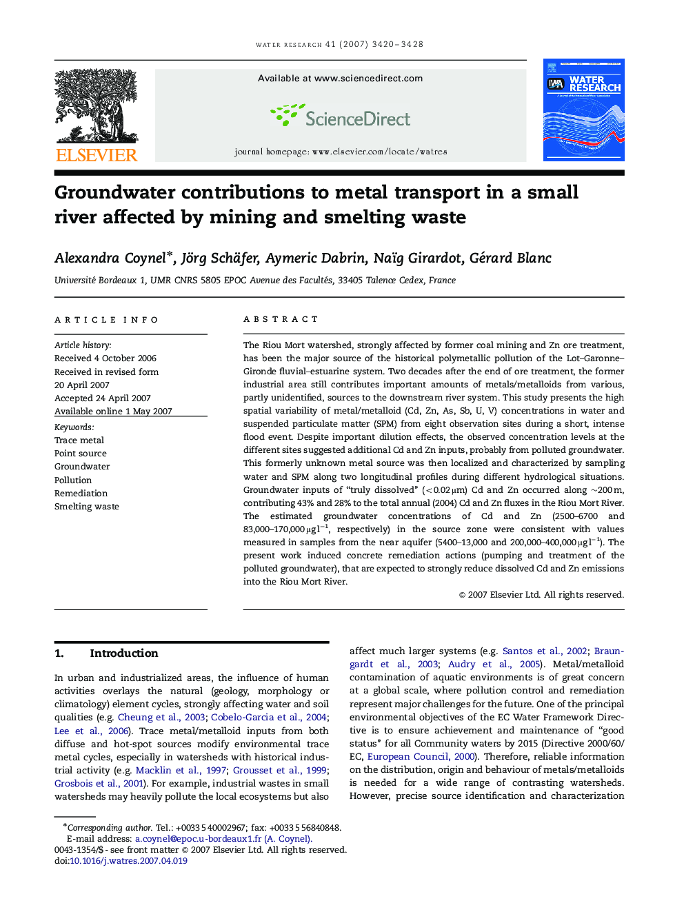 Groundwater contributions to metal transport in a small river affected by mining and smelting waste