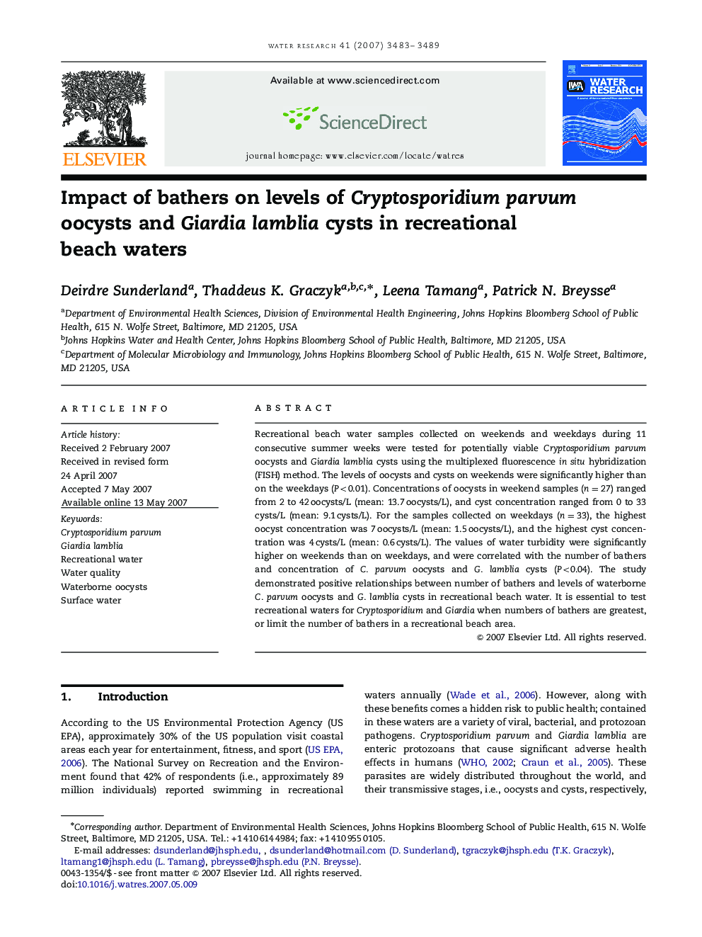 Impact of bathers on levels of Cryptosporidium parvum oocysts and Giardia lamblia cysts in recreational beach waters