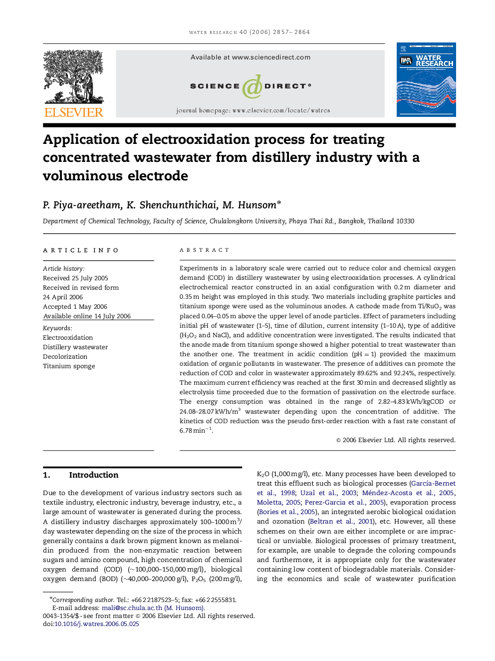 Application of electrooxidation process for treating concentrated wastewater from distillery industry with a voluminous electrode