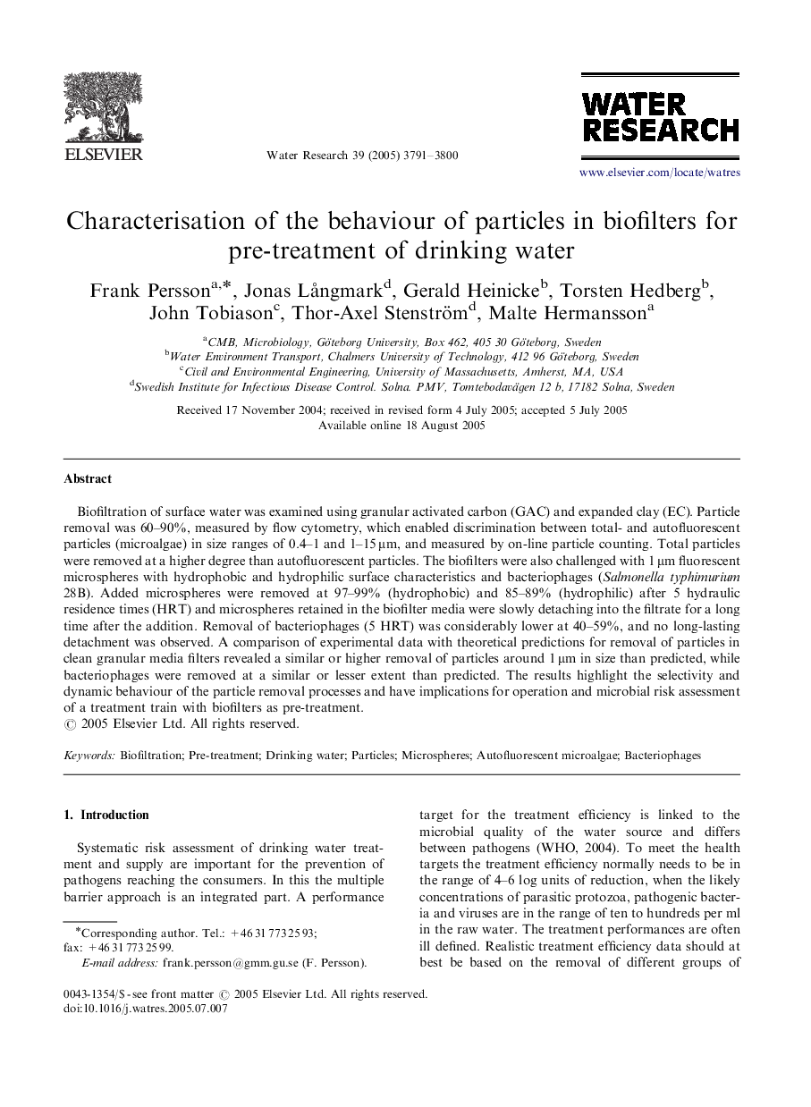 Characterisation of the behaviour of particles in biofilters for pre-treatment of drinking water