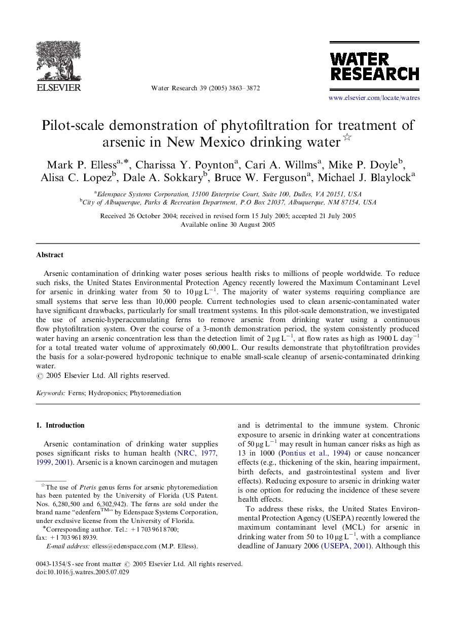 Pilot-scale demonstration of phytofiltration for treatment of arsenic in New Mexico drinking water 