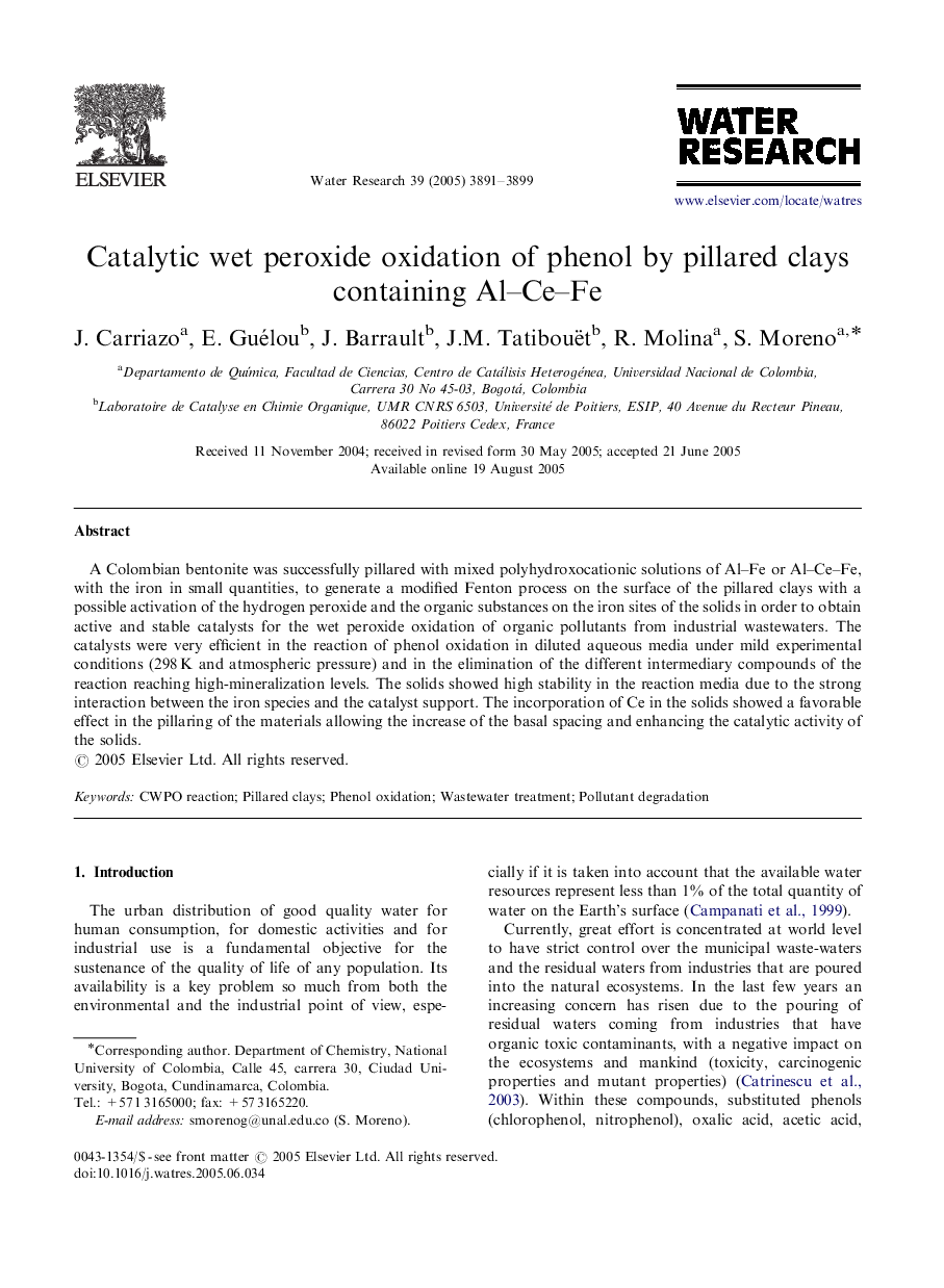 Catalytic wet peroxide oxidation of phenol by pillared clays containing Al–Ce–Fe