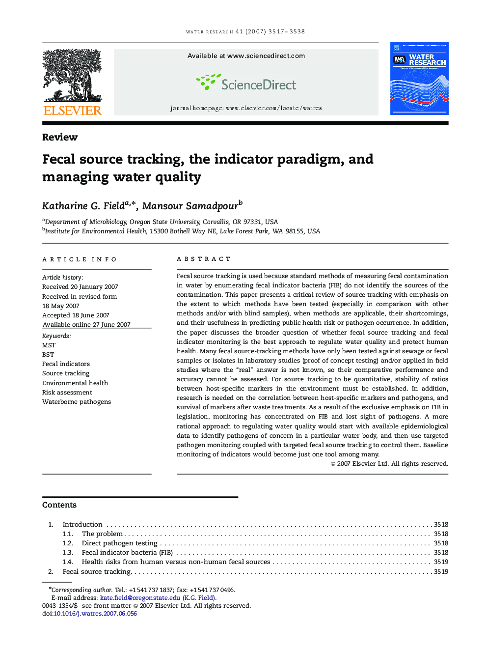 Fecal source tracking, the indicator paradigm, and managing water quality