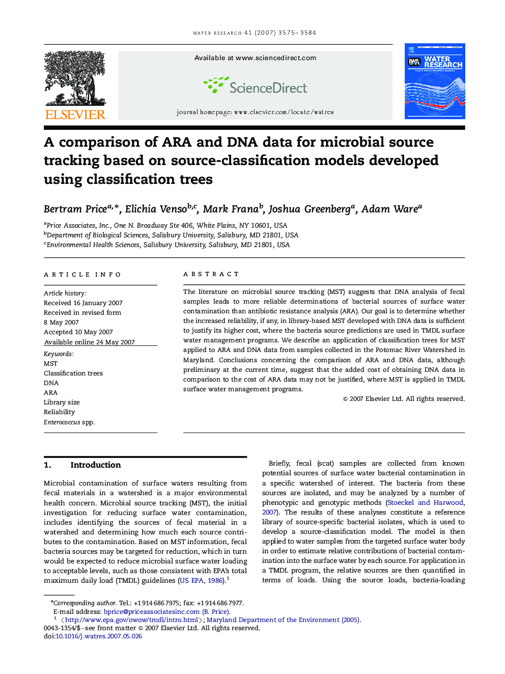 A comparison of ARA and DNA data for microbial source tracking based on source-classification models developed using classification trees