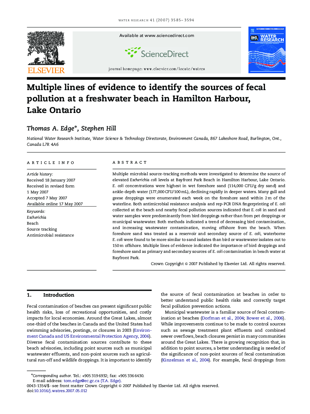 Multiple lines of evidence to identify the sources of fecal pollution at a freshwater beach in Hamilton Harbour, Lake Ontario