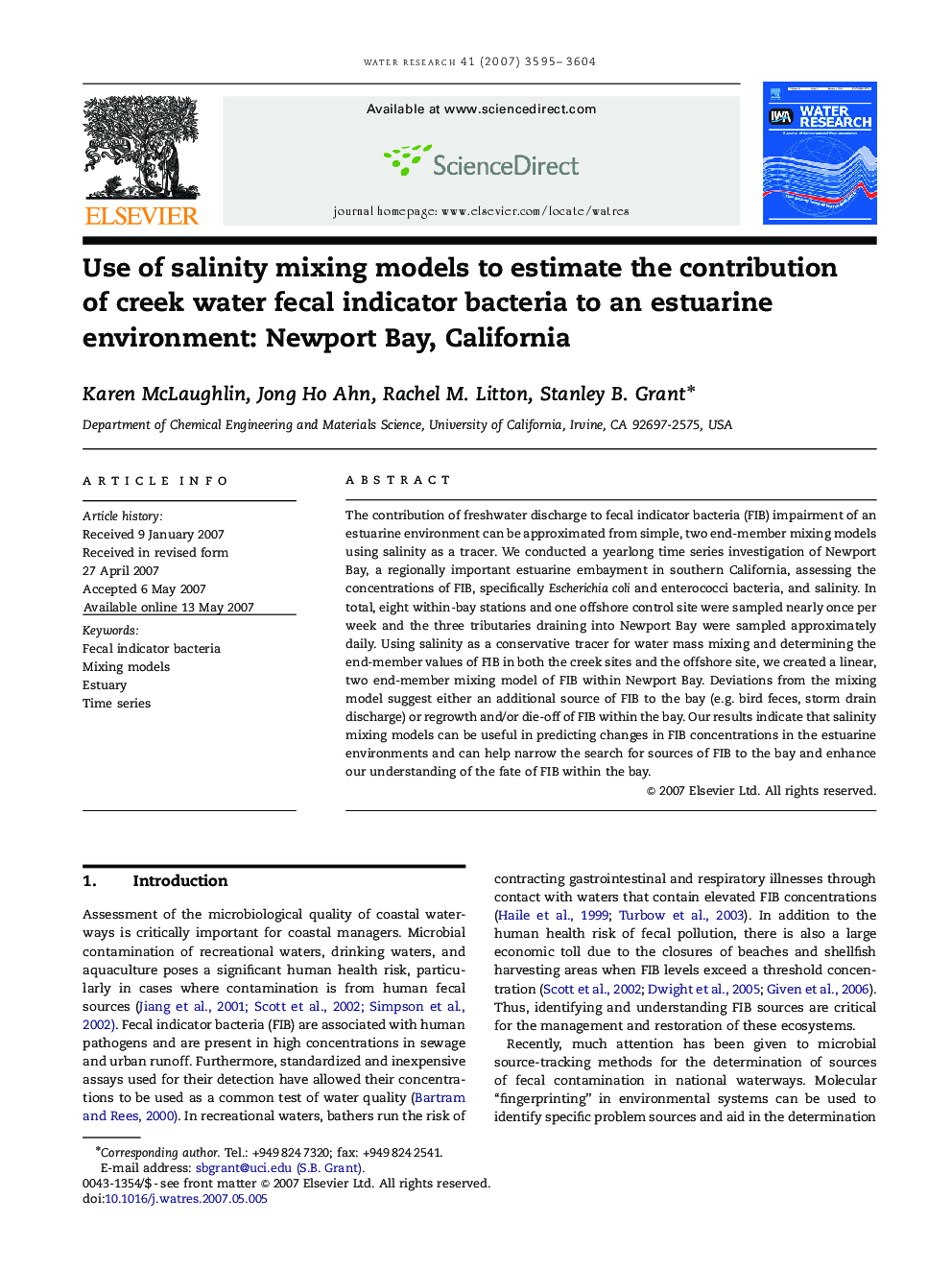 Use of salinity mixing models to estimate the contribution of creek water fecal indicator bacteria to an estuarine environment: Newport Bay, California