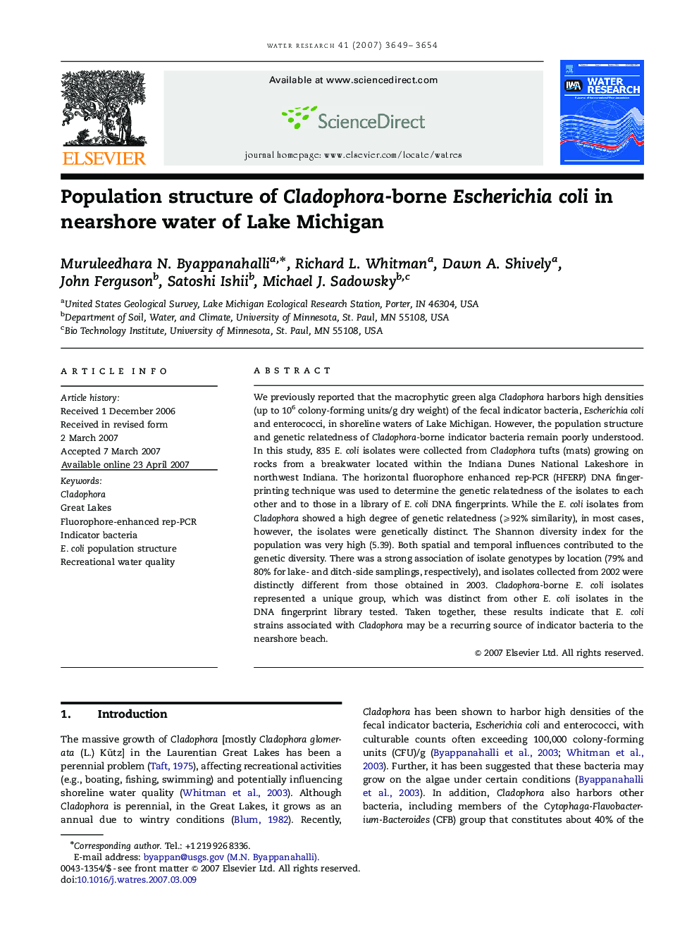 Population structure of Cladophora-borne Escherichia coli in nearshore water of Lake Michigan