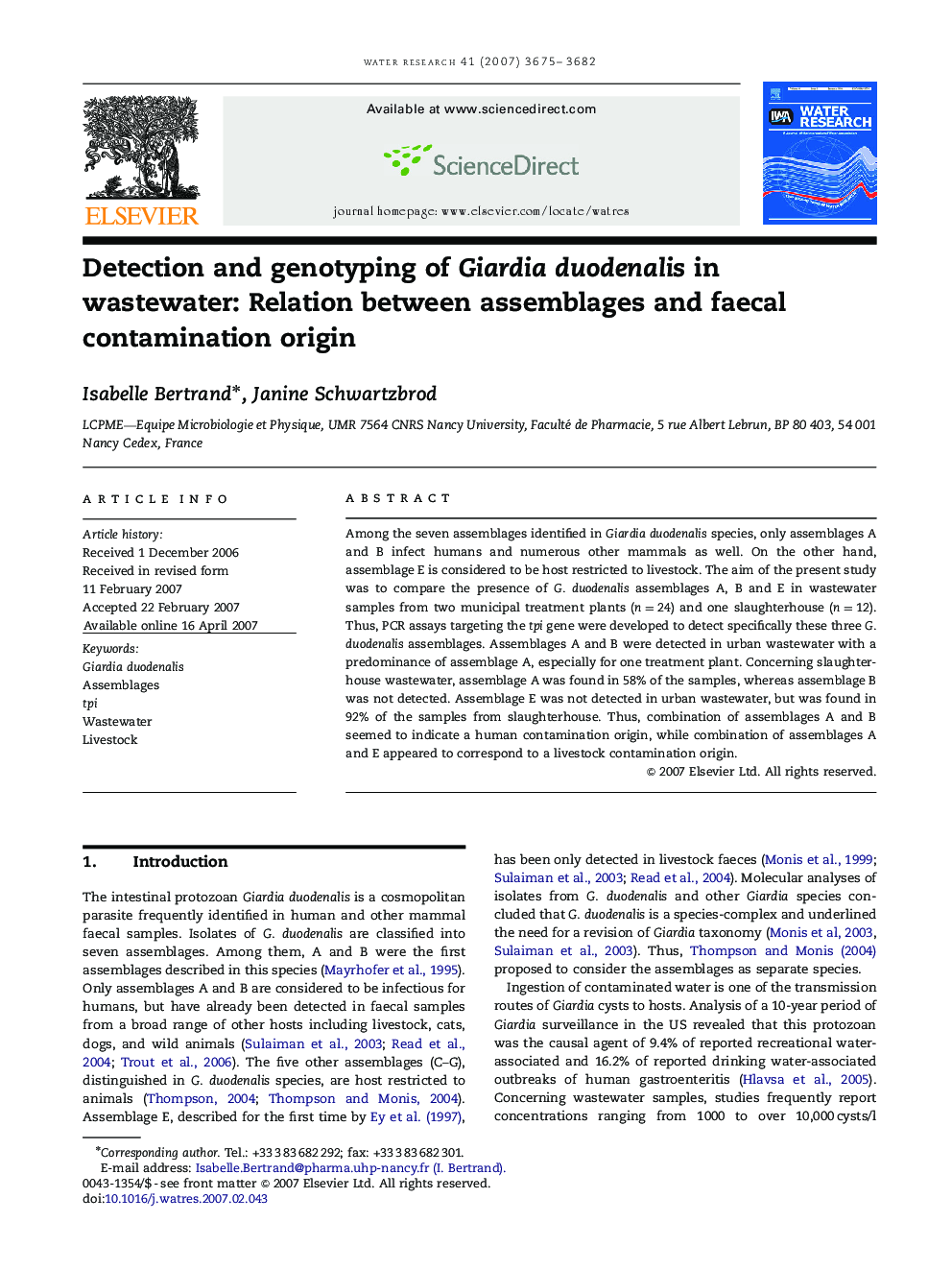 Detection and genotyping of Giardia duodenalis in wastewater: Relation between assemblages and faecal contamination origin