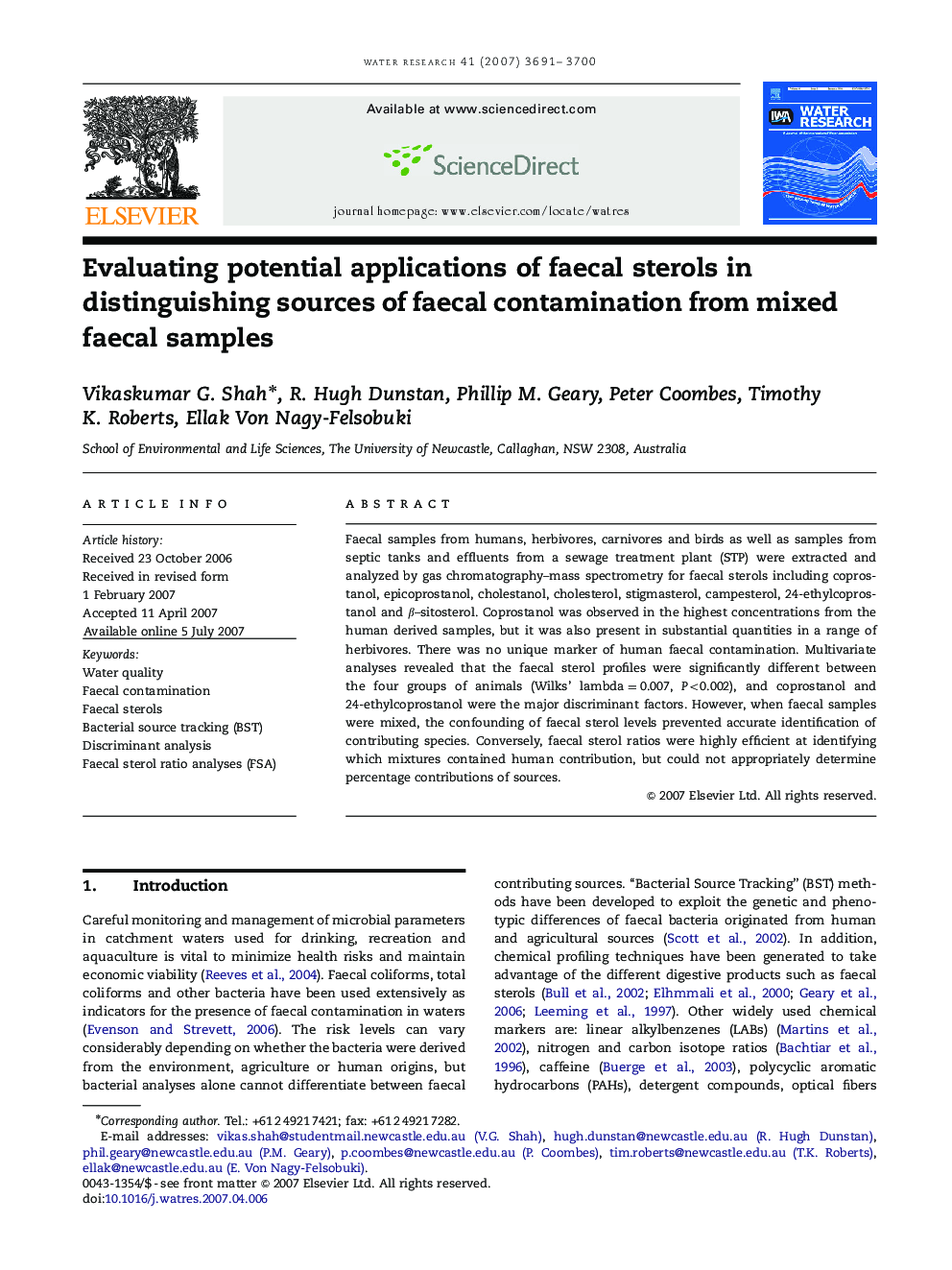 Evaluating potential applications of faecal sterols in distinguishing sources of faecal contamination from mixed faecal samples