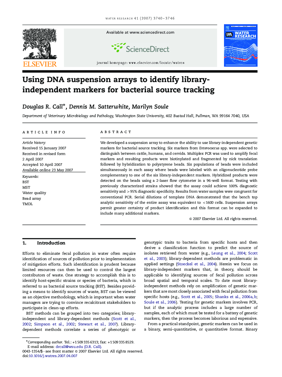 Using DNA suspension arrays to identify library-independent markers for bacterial source tracking