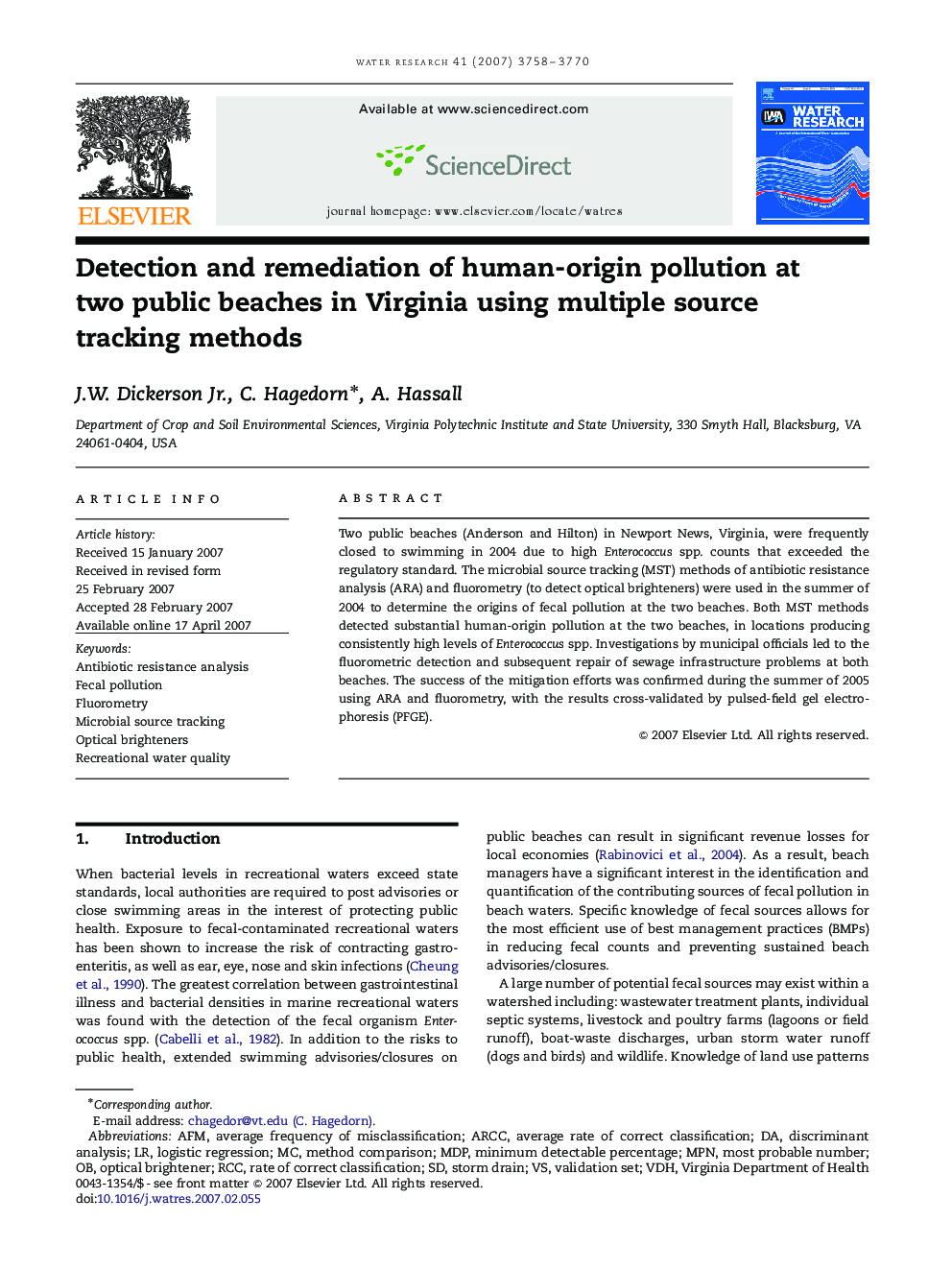 Detection and remediation of human-origin pollution at two public beaches in Virginia using multiple source tracking methods