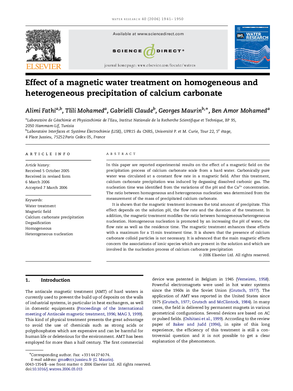 Effect of a magnetic water treatment on homogeneous and heterogeneous precipitation of calcium carbonate