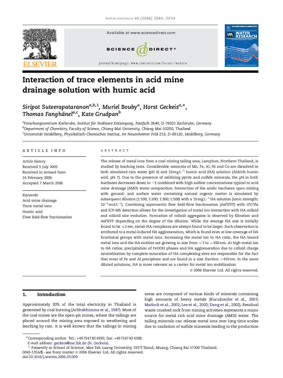 Interaction of trace elements in acid mine drainage solution with humic acid