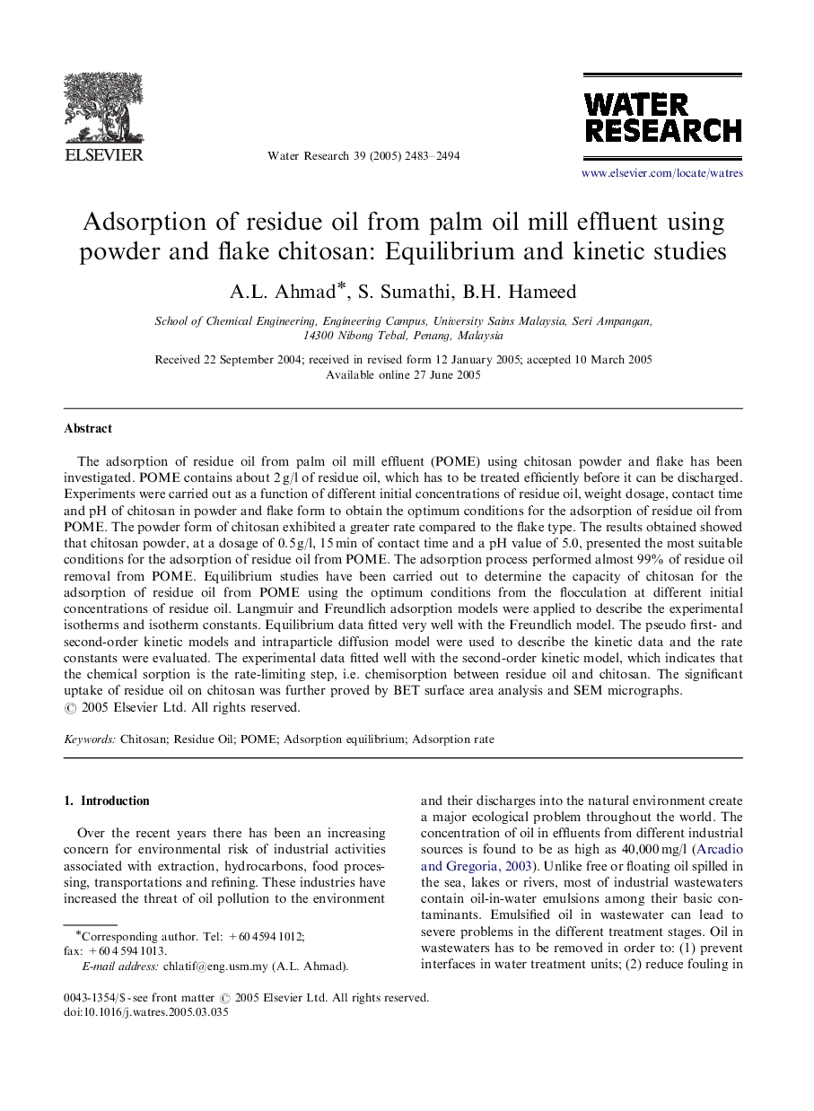 Adsorption of residue oil from palm oil mill effluent using powder and flake chitosan: Equilibrium and kinetic studies