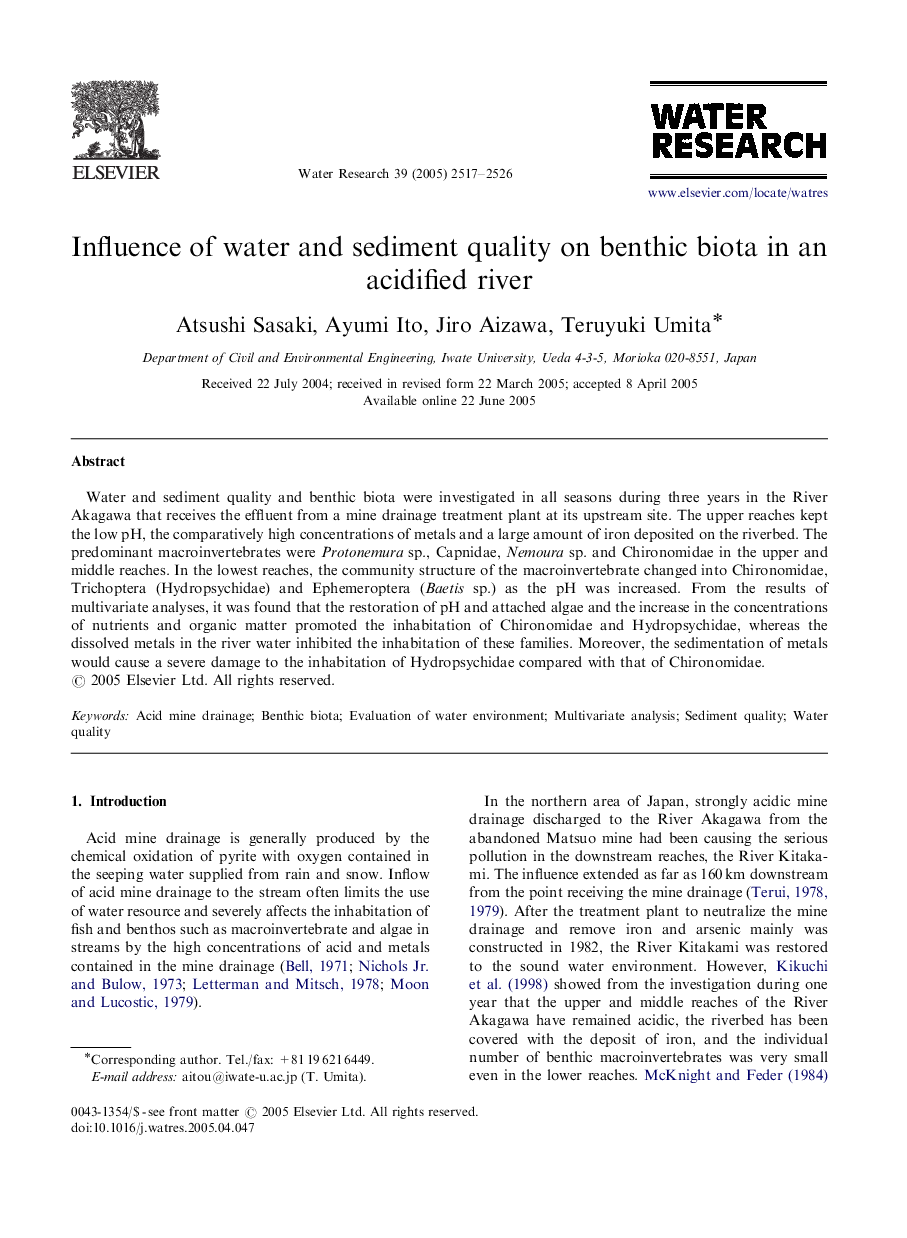 Influence of water and sediment quality on benthic biota in an acidified river