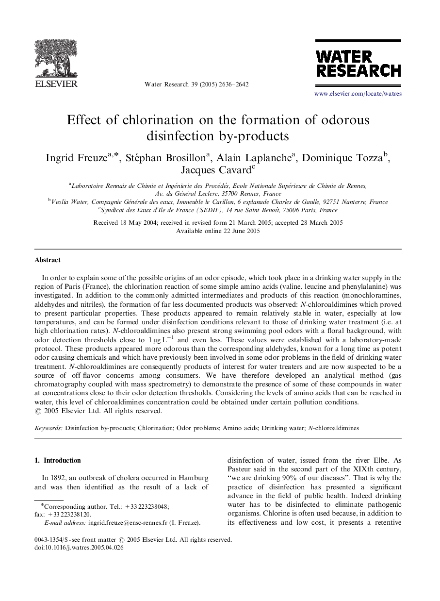 Effect of chlorination on the formation of odorous disinfection by-products