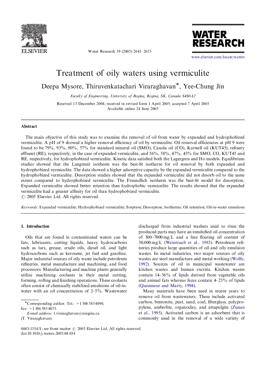 Treatment of oily waters using vermiculite