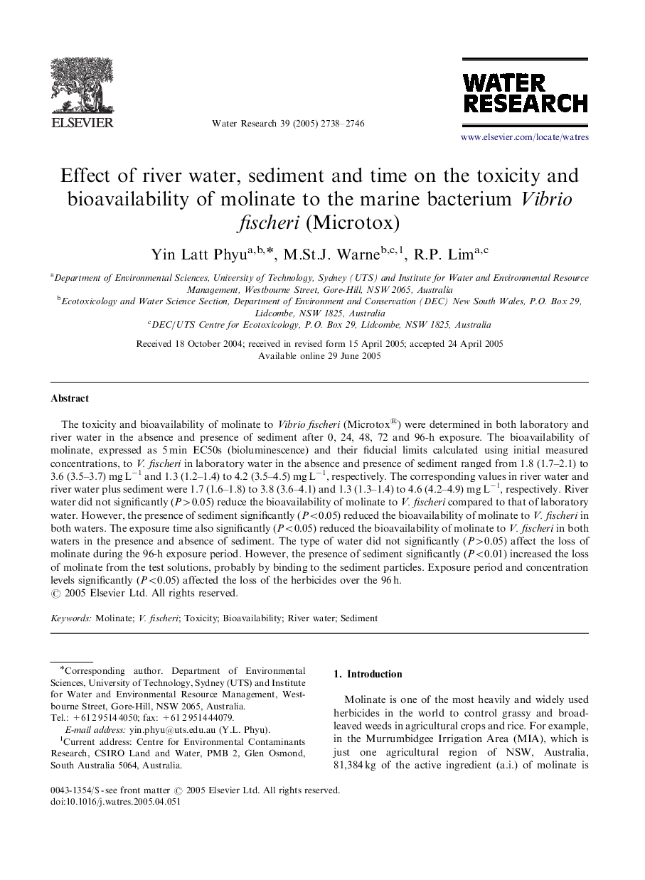 Effect of river water, sediment and time on the toxicity and bioavailability of molinate to the marine bacterium Vibrio fischeri (Microtox)