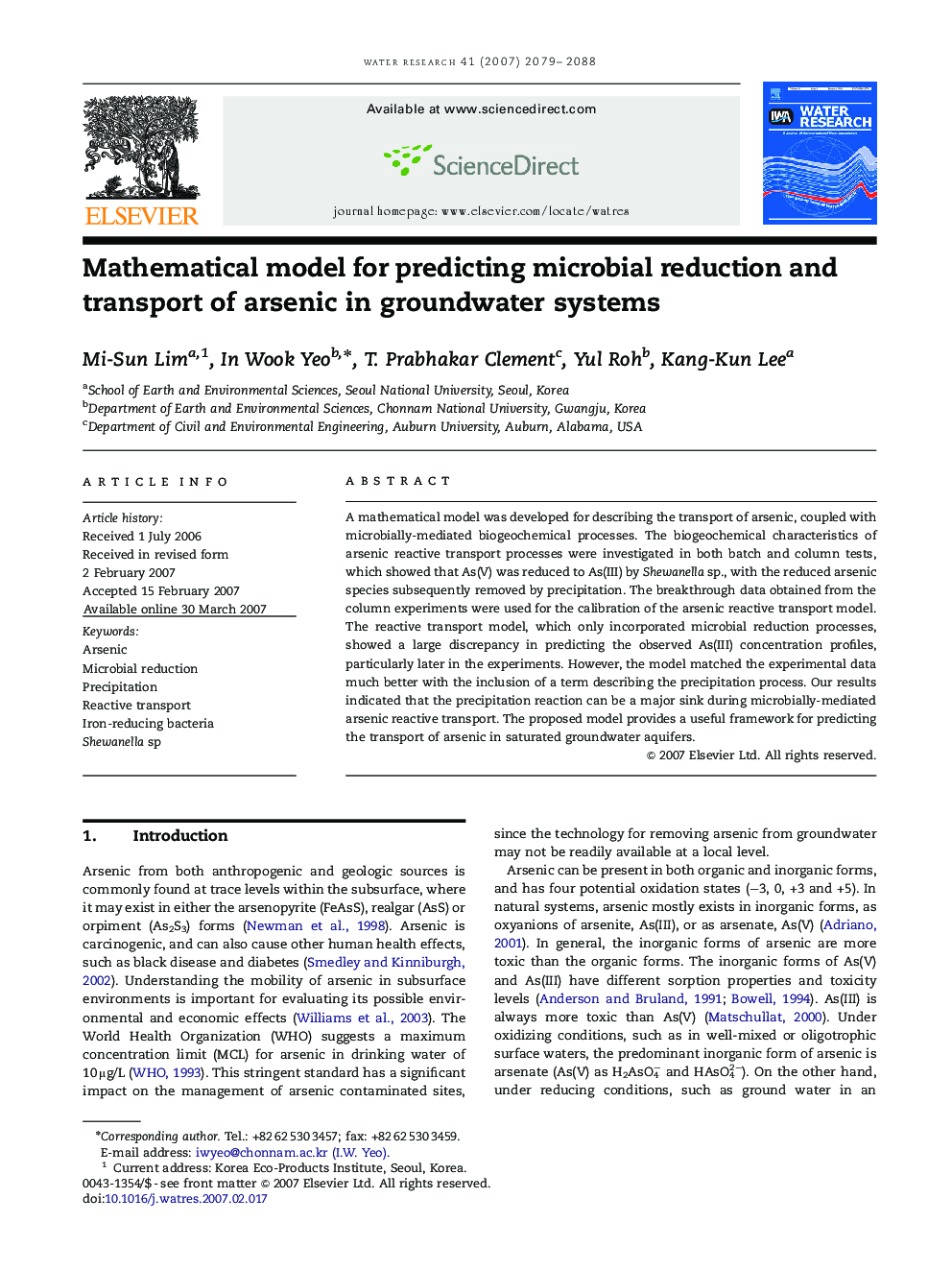 Mathematical model for predicting microbial reduction and transport of arsenic in groundwater systems