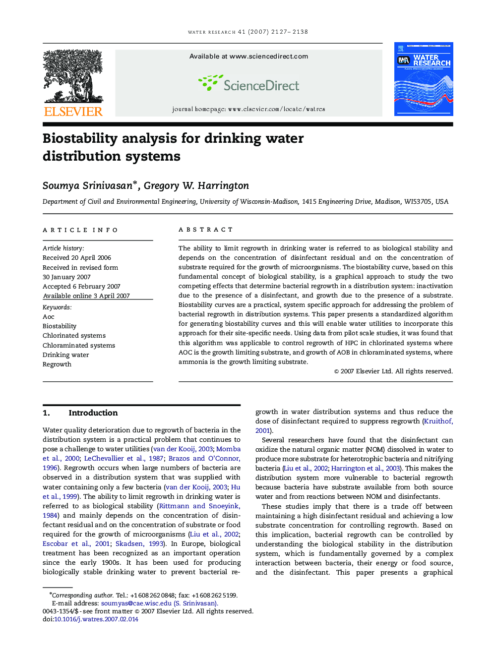 Biostability analysis for drinking water distribution systems