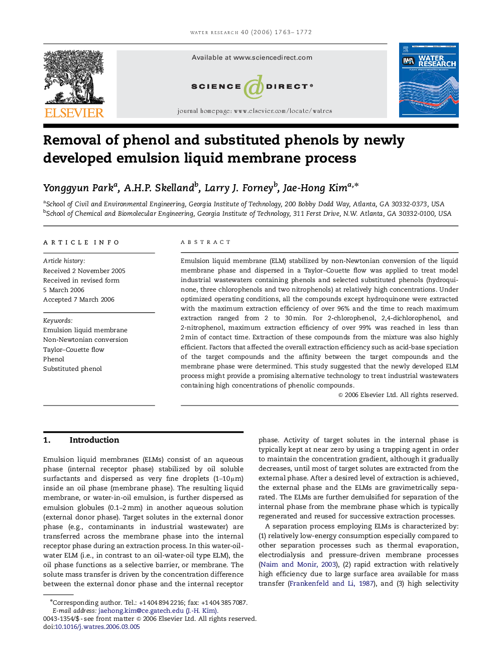 Removal of phenol and substituted phenols by newly developed emulsion liquid membrane process