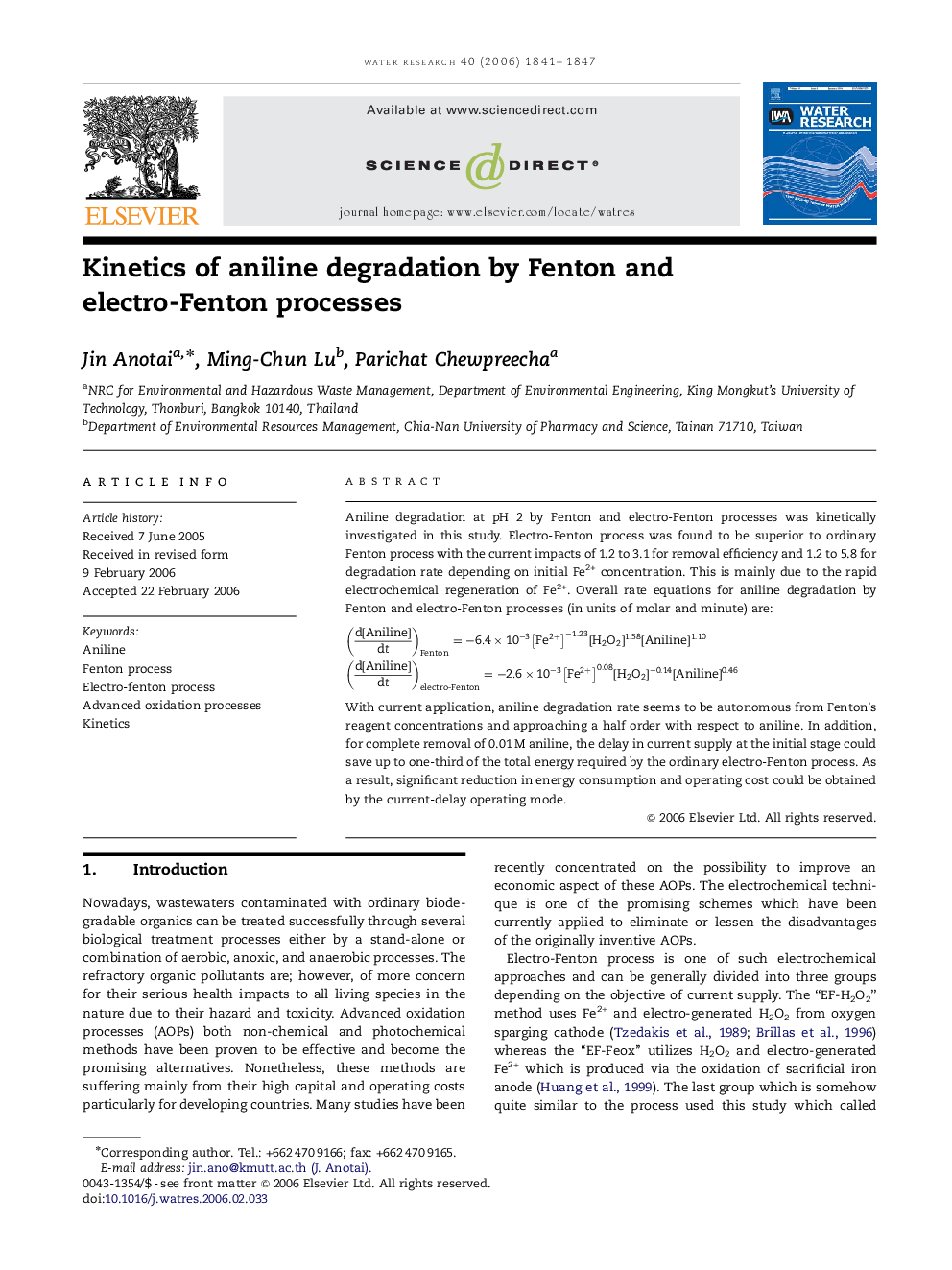 Kinetics of aniline degradation by Fenton and electro-Fenton processes