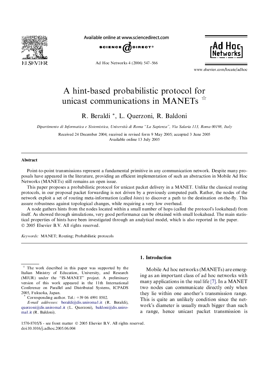 A hint-based probabilistic protocol for unicast communications in MANETs 