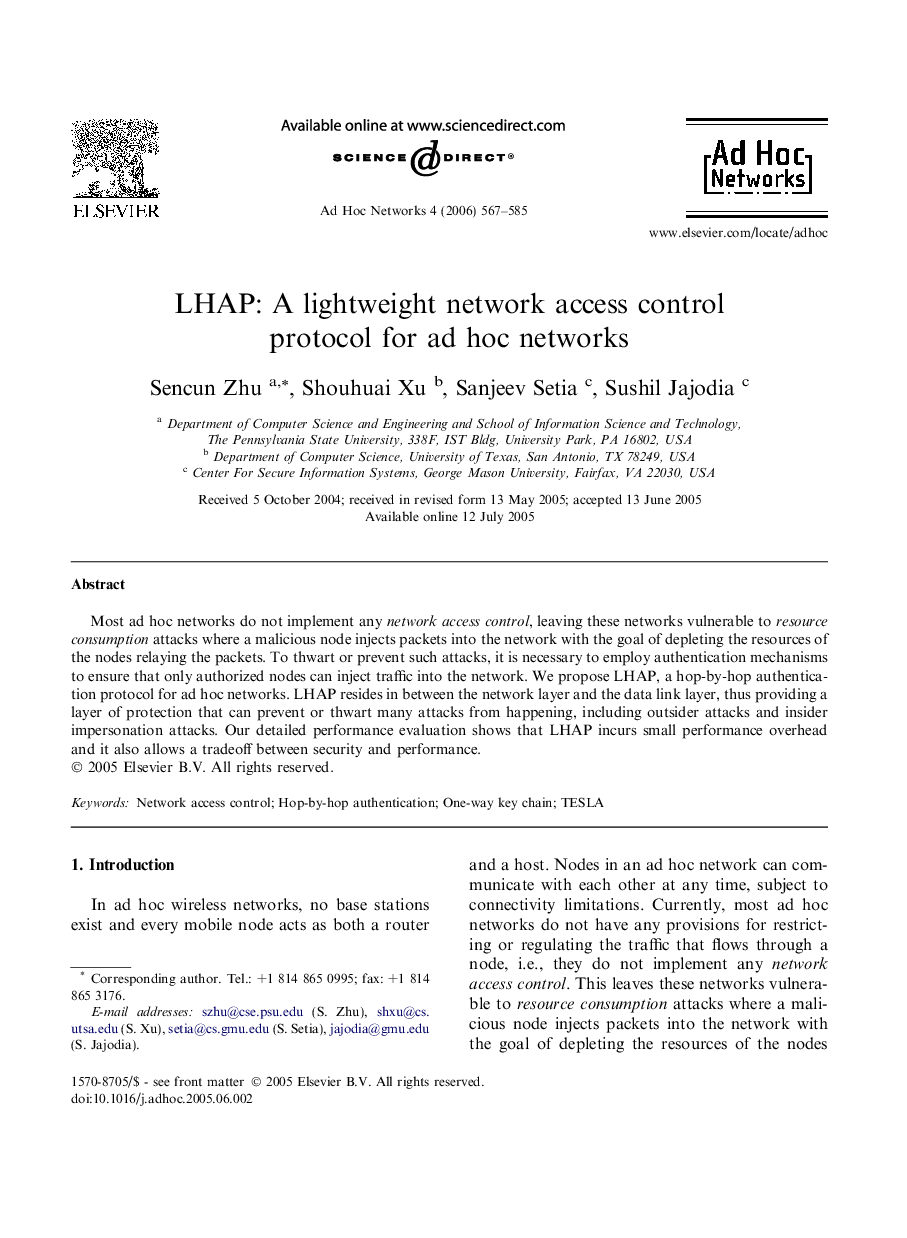 LHAP: A lightweight network access control protocol for ad hoc networks